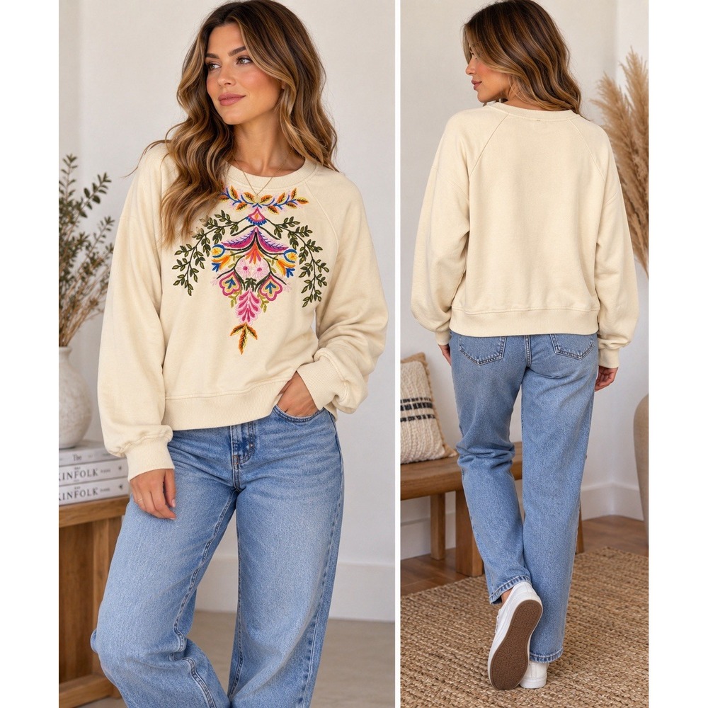 Anthropologie M 100% Cotton Embroidered Sweatshirt Boho Floral Folk Pullover